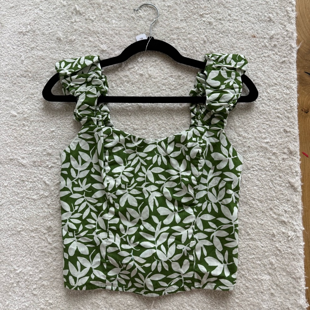 Abercrombie & Fitch Olive Green Leaf-Print Ruffle-Strap Camisole